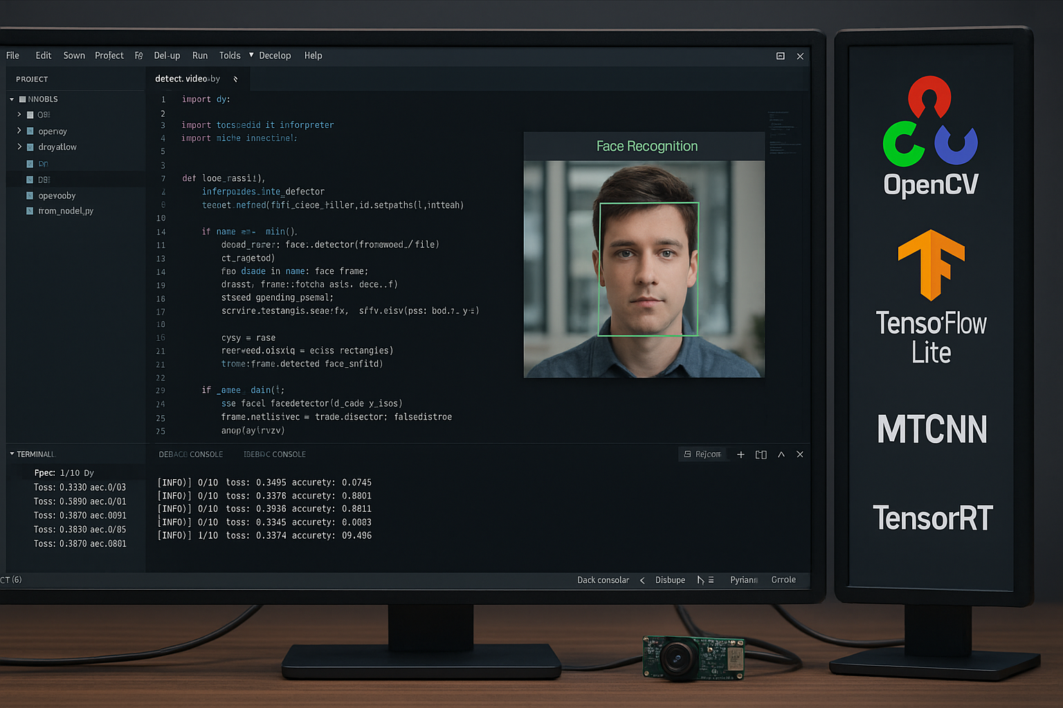 Face recognition software development interface showing model training and optimization tools