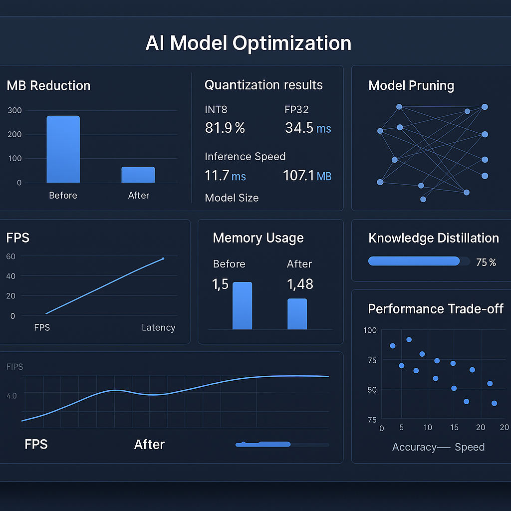 AI model optimization dashboard showing quantization and pruning results